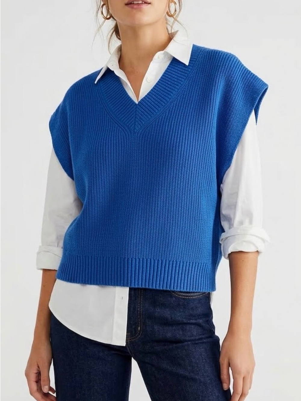 Free People Blue EasyStreet Knit Vest Large Oversized Slouchy Crop Vest EUC